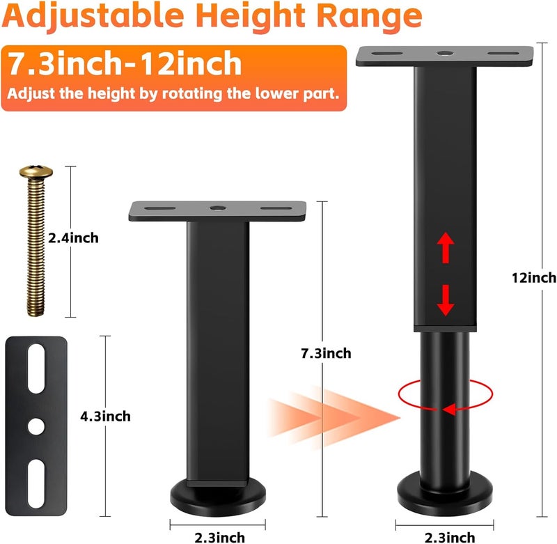 NESAPTO 6PCS Adjustable Height Bed Support Legs, 7.3-12 In, Metal Heavy Furniture Legs with Rubber Non-Slip Base for Sofa/Cabinet/Couch/Dresser/Table, Furniture Feet Replacement for King Queen Bed Frame Slat - Image 3